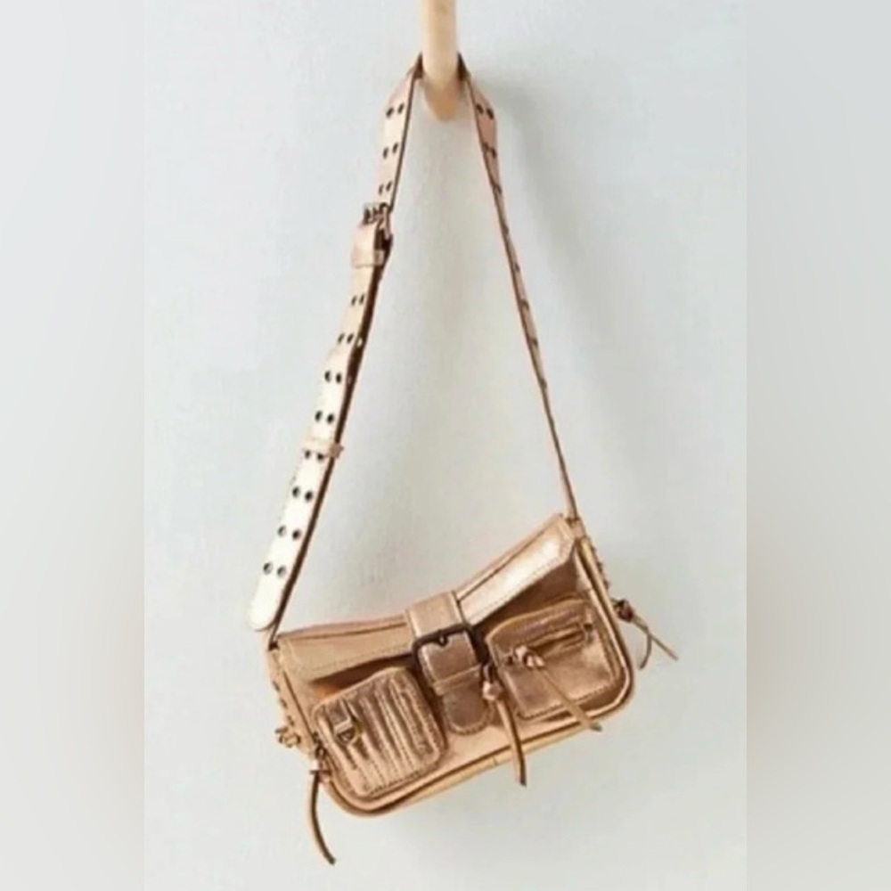 Free People Leather Metallic Gold Buckled Shoulder Crossbody Bag NWT 🔖